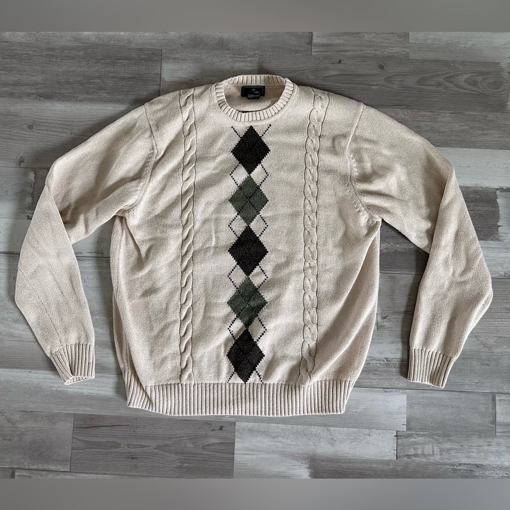 Docker’s | Men’s Vintage Ivory Argyle Long Sleeve Cable Knit Sweater | Size L